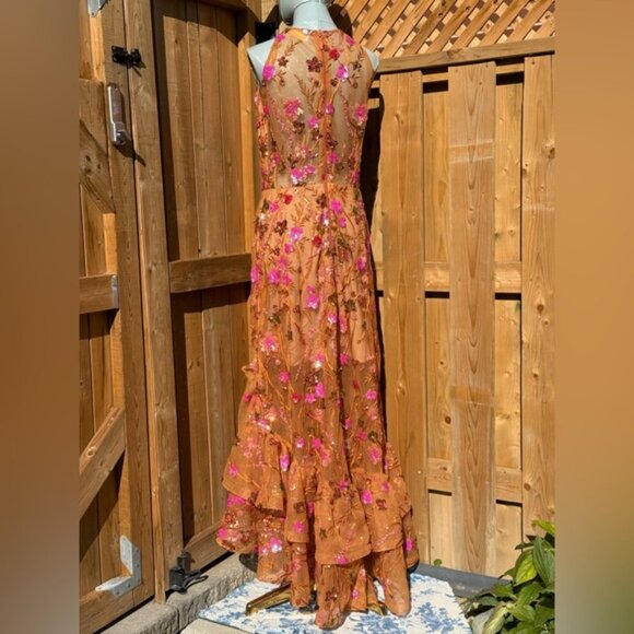 🆕 BRONX & BANCO🧿 NWOT Sicilia Coral Sequin Fluted Hem Maxi Dress, Sz L US 8 - Picture 7 of 14